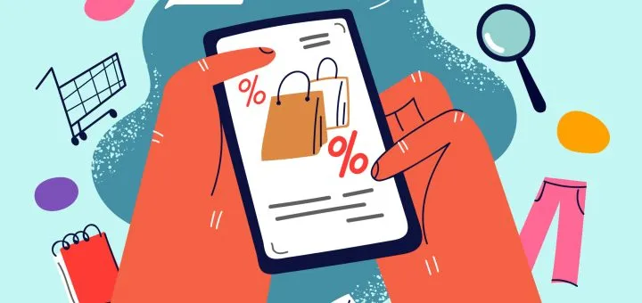 Hands holding cellphone shopping clothes online. Person buy clothing on mobile phone on internet on sale. Consumerism and technology. Vector illustration.
